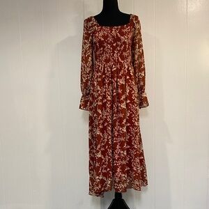 Floral Blooming Smocked Midi Dress | Square Neck Rust Floral Long Sleeve | Large